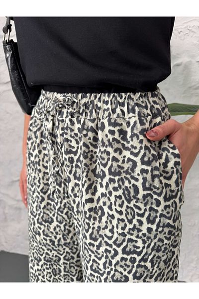 Elif Özbey Butik Leopard Waist Lace-Up Linen Trousers