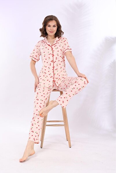 MEBA Set de pijamale cu mâneci scurte tricotate cu nasturi pentru femei, cu model de cireșe de somon