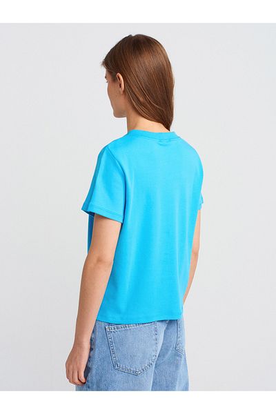 Dilvin 30584 Crew Neck Cotton T-Shirt-Turquoise