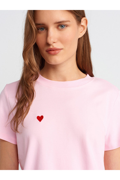 Dilvin 30584 Βαμβακερό μπλουζάκι με λαιμόκοψη-Ροζ