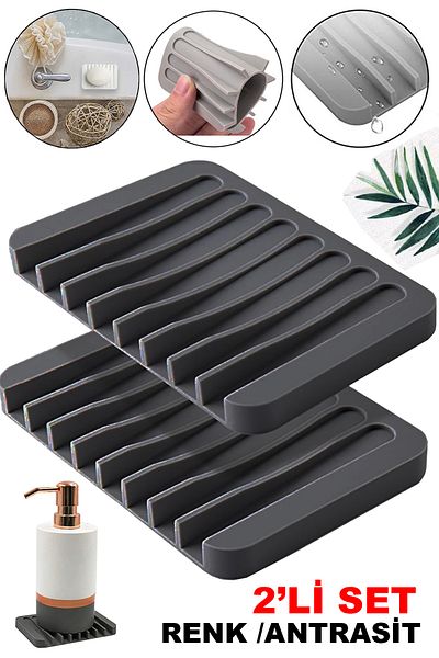 Trendburada Anthracite Color Silicone Organizer with Water Drain - Kitchen, Bathroom, Solid Soap Dish and Dish Sponge Holder