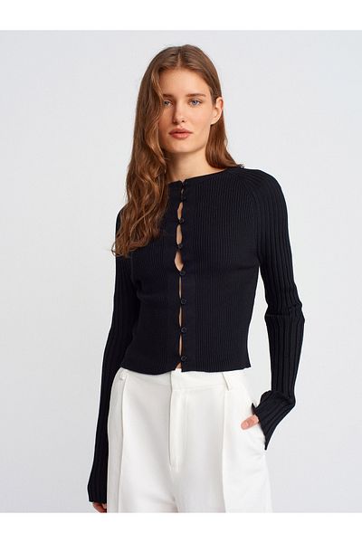 Dilvin 60967 Crew Neck Ribbed Buttoned Slim Knitwear Cardigan-Black