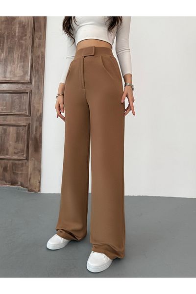 BİKELİFE Hellbraune Palazzo-Hose mit weitem Bein und Klettverschluss aus Lycra für Damen