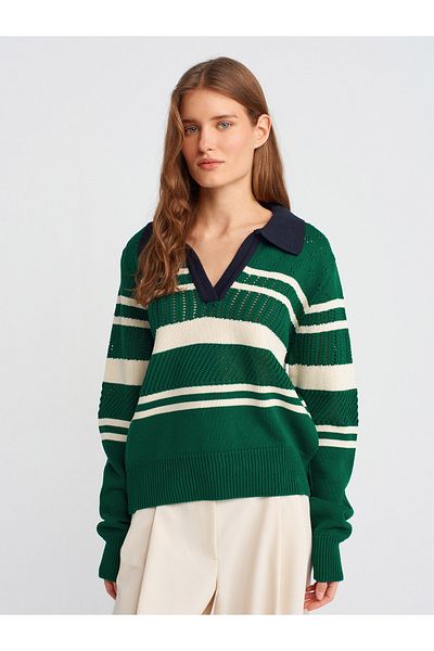 Dilvin 10716 Polo Neck Striped Knitwear Sweater-Green-Ecru