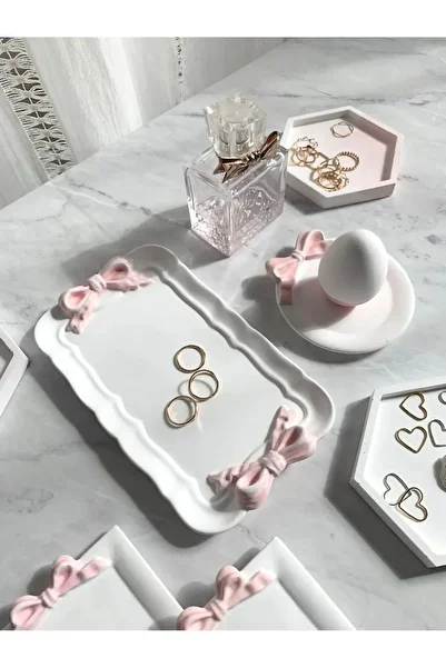 KUMS DESIGN Decorative Pink Ribbon Tray, Plate, Jewelry Tray Set of 4