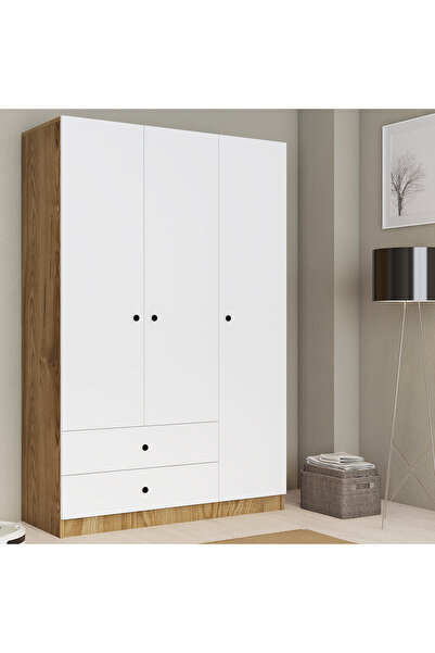 FERNISO Mobilya 3 Kapak 2 Çekmeceli Gardolap Beyaz-Ud