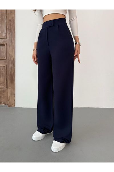 BİKELİFE Women's Navy Blue Lycra Velcro Closure Palazzo Wide Leg Trousers