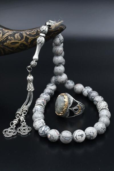 Prestige Doğal Jasper Taşlı Tesbih Ve 925 Ayar Gümüş Labradorit Taşlı Erkek Y...