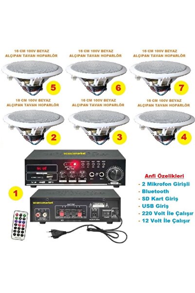 Genel Markalar (1 Adet Anfi + 6 Adet 100V 16 cm Tavan Hoparlör) Tavan Hoparlö...