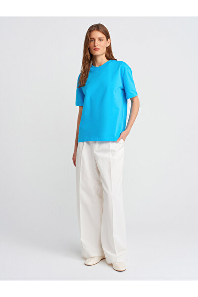 Dilvin 30312 Decorative Stitched Crew Neck Tshirt-Turquoise