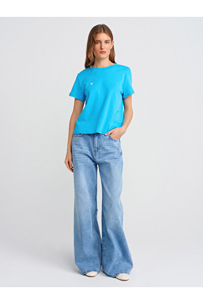 Dilvin 30584 Crew Neck Cotton T-Shirt-Turquoise