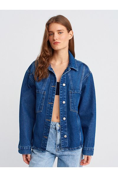 Dilvin 50749 Cămașă oversize din denim Albastru - Secțiune frontală cu cusături