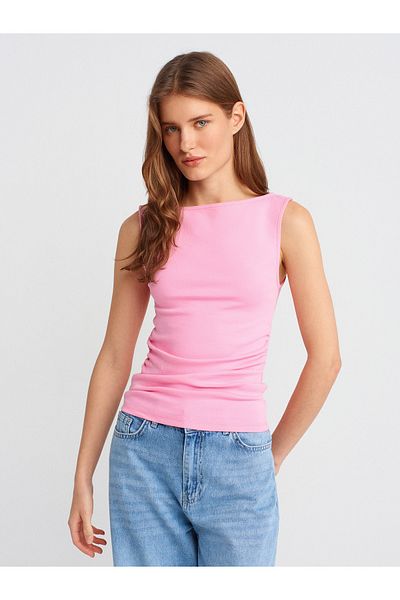 Dilvin 31589 Μαζευμένο Boat Neck Top-Ροζ