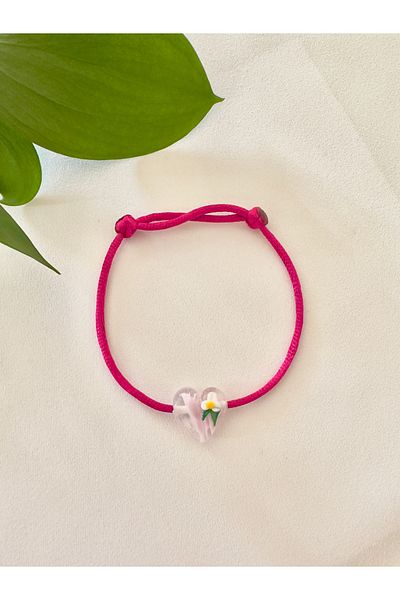 Atelier Çağla Transparent Murano Glass Daisy Heart Fuchsia Pink Bracelet