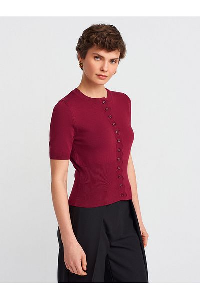 Dilvin 60965 Crew Neck Buttoned Knitwear Cardigan-Burgundy