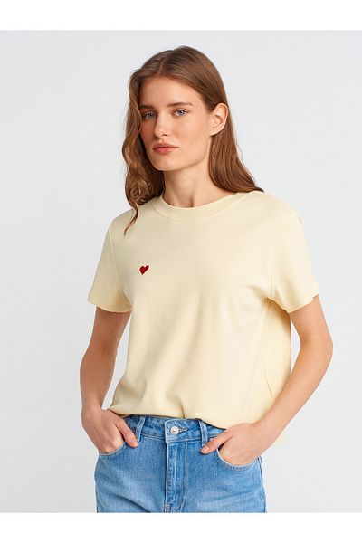 Dilvin 30584 Tricou din bumbac cu gât crew-galben deschis