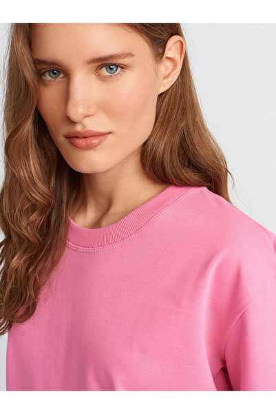 Dilvin 30312 Dekoracyjna koszulka z okrągłym dekoltem i przeszyciami – różowa