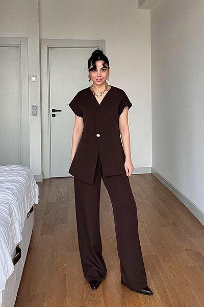 Seda Yalçın Atelier Bitter Brown Gold Button Detailed Asymmetrical Cut Vest Trousers Set