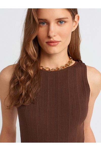 Dilvin 10726 Boat Neck Ribbed Knitwear Blouse-Brown