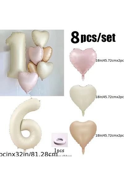 Çemrek Süs Parti Beige Number Foil Balloon Pink Beige Caramel Heart Foil Balloon Set 8 Pieces