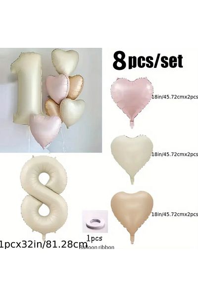 Çemrek Süs Parti Beige Number Foil Balloon Pink Beige Caramel Heart Foil Balloon Set 8 Pieces
