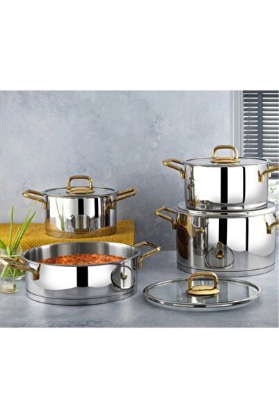 Lines طقم أواني طهي فضية من الفولاذ 8 قطع بمقابض ذهبية