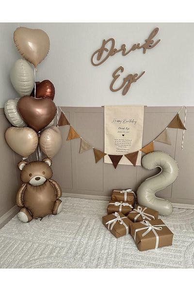 Çemrek Süs Parti 7Pcs Heart Foil Balloon Retro Bear Balloon Pennant and 2 Age Number Foil Balloon Set 10 Pieces