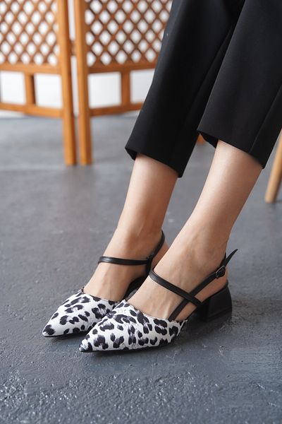 Lizzu Emoi pentru femei, negru, alb, design leopard, pantofi cu toc deschis la spate