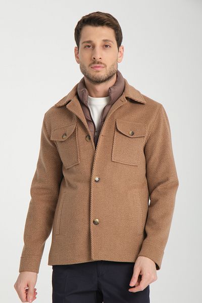 Frappoli Maxi Ανδρικό Camel Diagonal Lycra Κοντό Παλτό με έξοδο μπροστά