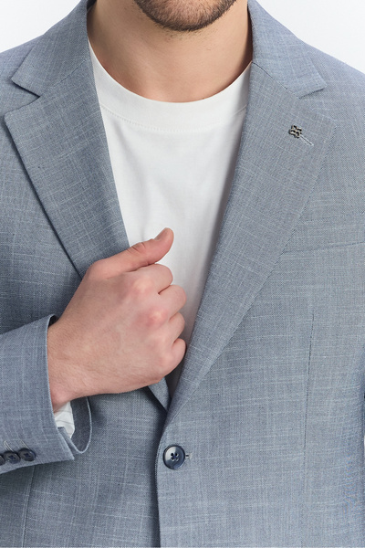 Frappoli Tacues Erkek Lacivert Yarım Astarlı Kapak Cepli Keten Karışımlı İlkbahar-Yaz Spor Blazer Ceket