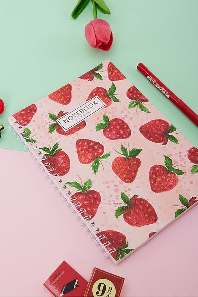 Copyder Pink Strawberry Printed Spiral A5 Unlined 100 Sheets School Notebook