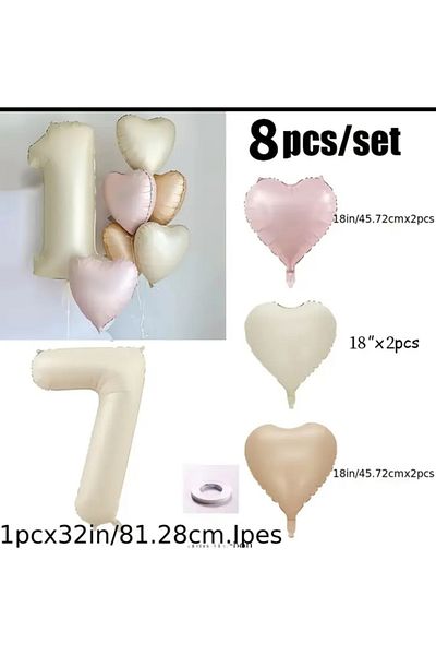 Çemrek Süs Parti Beige Number Foil Balloon Pink Beige Caramel Heart Foil Balloon Set 8 Pieces