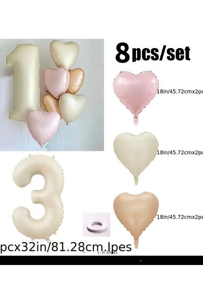 Çemrek Süs Parti Beige Number Foil Balloon Pink Beige Caramel Heart Foil Balloon Set 8 Pieces