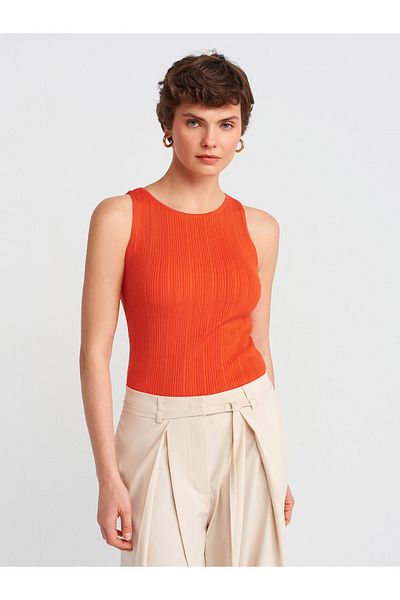 Dilvin 10726 Boat Neck Ribbed Knitwear Blouse-Red