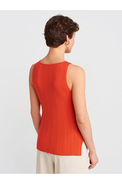 Dilvin 10726 Boat Neck Ribbed Knitwear Blouse-Red