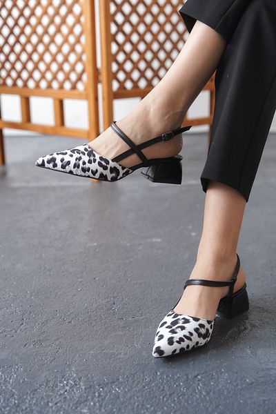 Lizzu Emoi pentru femei, negru, alb, design leopard, pantofi cu toc deschis la spate