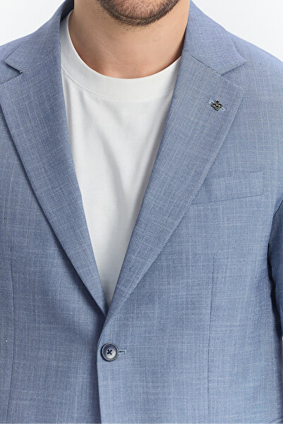 Frappoli Tacues Erkek İndigo Yarım Astarlı Kapak Cepli Keten Karışımlı İlkbahar-Yaz Spor Blazer Ceket