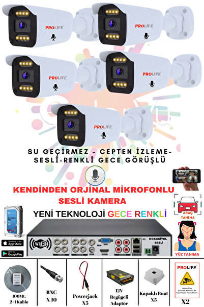 PROLİFE 5 Li Sesli Güvenlik Kamerası 5 Mp Gece Renkli Yüz Ve Araç Tanımalı Full Hd Kamera Sistemi