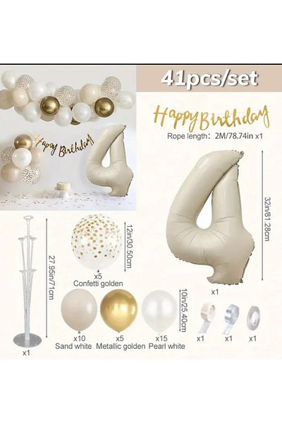 Çemrek Süs Parti Beige Number Foil Balloon Transparent Gold Sequin Gold Chrome White Retro White Balloon Chain Set 40 Pieces