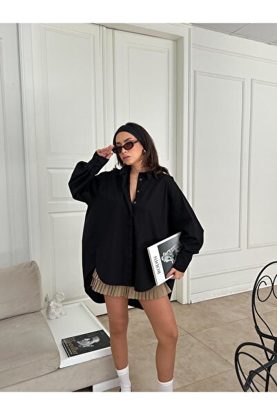 minaaise Women's Black Oversize Tunic 100% Cotton, Shirt 29017