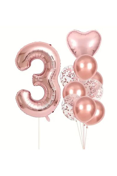 Çemrek Süs Parti 100cm Rose Foil Numeral and Rosegold Transparent Sequin Balloon Set 12 Pieces