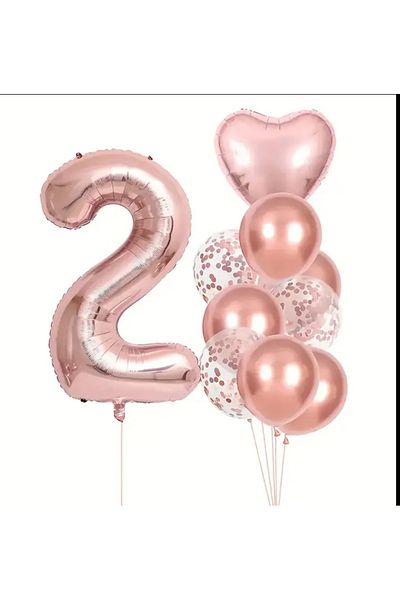 Çemrek Süs Parti 100cm Rose Foil Numeral and Rosegold Transparent Sequin Balloon Set 12 Pieces