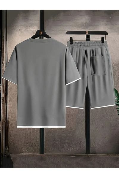 Machetta Men's Large Size New Season 100% Cotton White Detailed T-Shirt Shorts Set