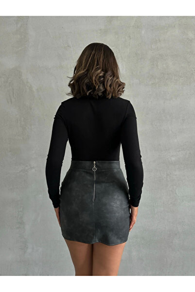 İntive Lingerie Fusta mini creion slim fit din piele gri/afumată