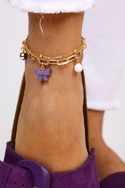 PETEK AKSESUAR Multi-Anklets with Butterfly Evil Eye Pearl
