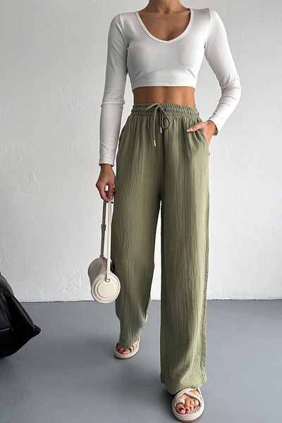 İstangül Butik Cotton Muslin Fabric Tassel Loose Leg Trousers