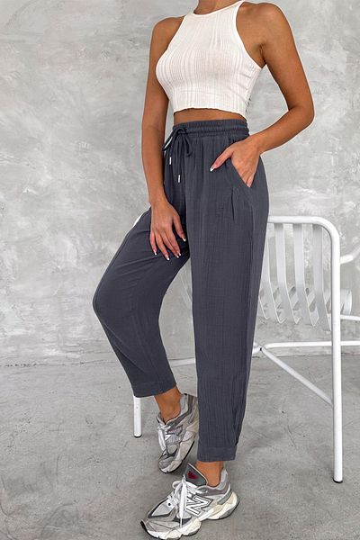 İstangül Butik Cotton Muslin Fabric Balloon Trousers with Leg Cuffs