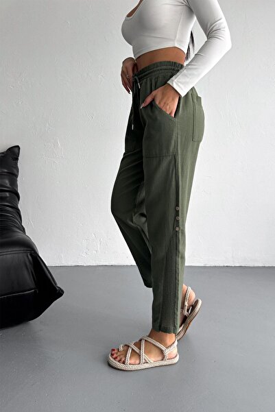 İstangül Butik Linen Trousers with Mesh and Button Detail