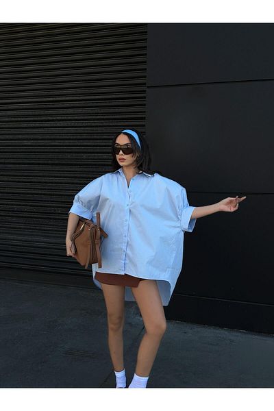 minaaise Rochie cămașă oversize, albastră, cu design special, 100% bumbac
