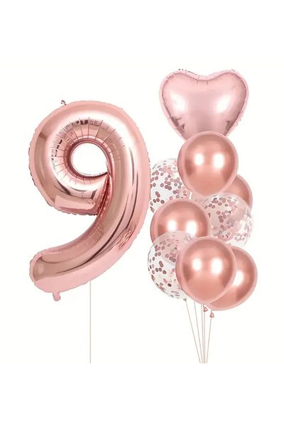 Çemrek Süs Parti 100cm Rose Foil Numeral and Rosegold Transparent Sequin Balloon Set 12 Pieces